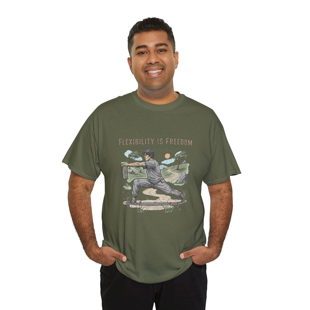 Flexibility Is Freedom Tee – soft, breathable cotton featuring a motivational design. Perfect for yoga, Pilates, stretching, or casual active lifestyle wear.