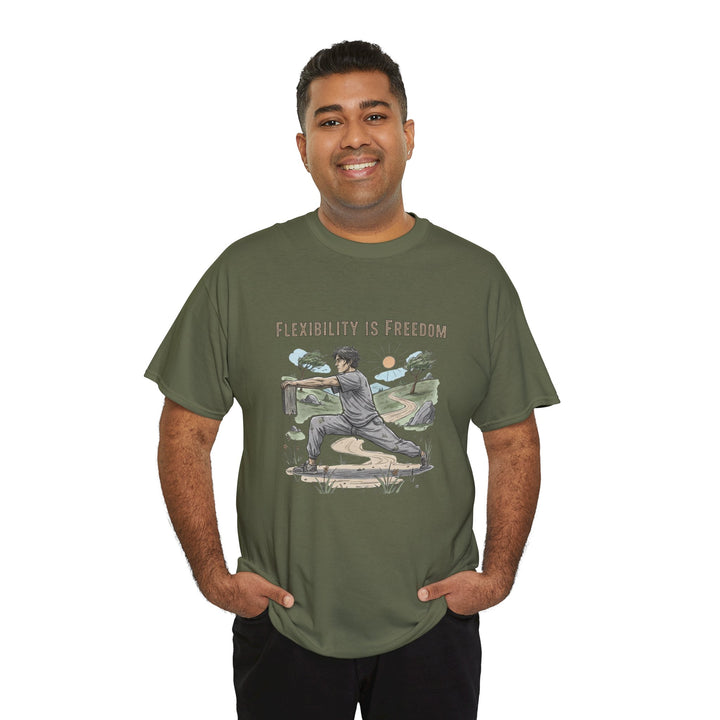 Flexibility Is Freedom Tee – soft, breathable cotton featuring a motivational design. Perfect for yoga, Pilates, stretching, or casual active lifestyle wear.