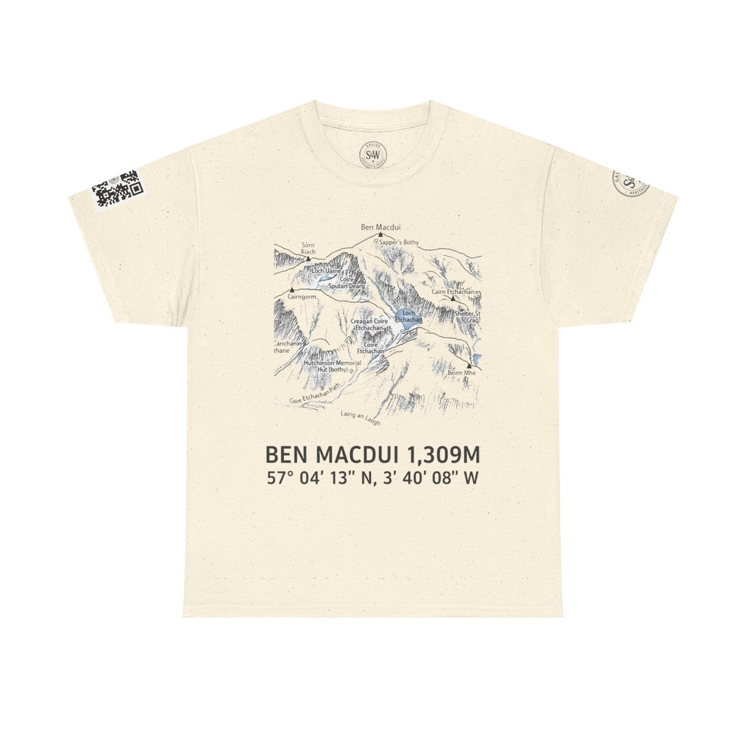 Beige graphic t-shirt by S&amp;W Gallus, featuring a Ben Macdui map print and QR code detail.