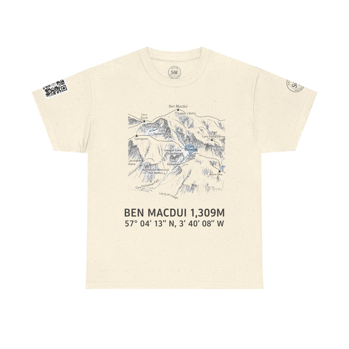 Beige graphic t-shirt by S&amp;W Gallus, featuring a Ben Macdui map print and QR code detail.