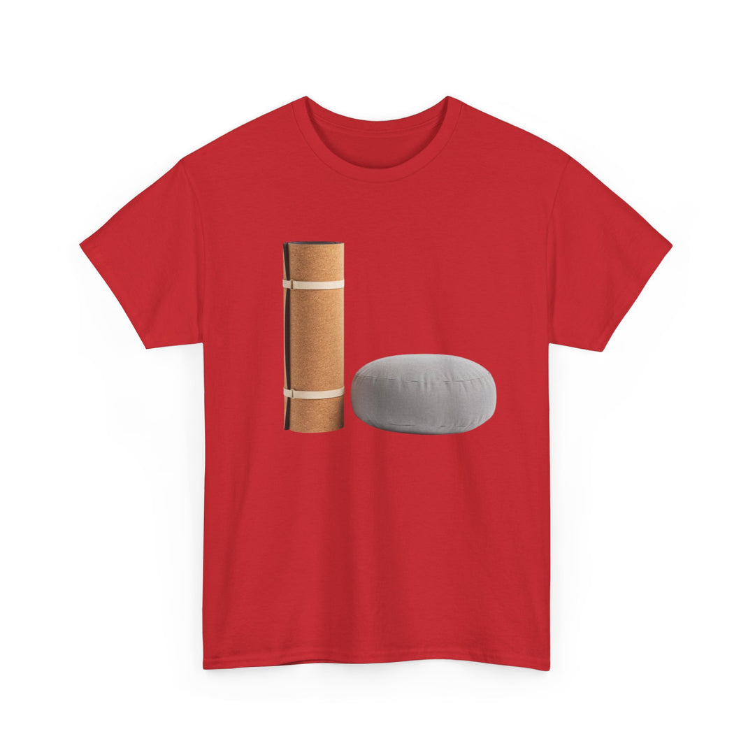 Mat &amp; Meditation Cushion Tee – soft, breathable cotton featuring a yoga-inspired design. Perfect for meditation, studio practice, or mindful everyday wear.
