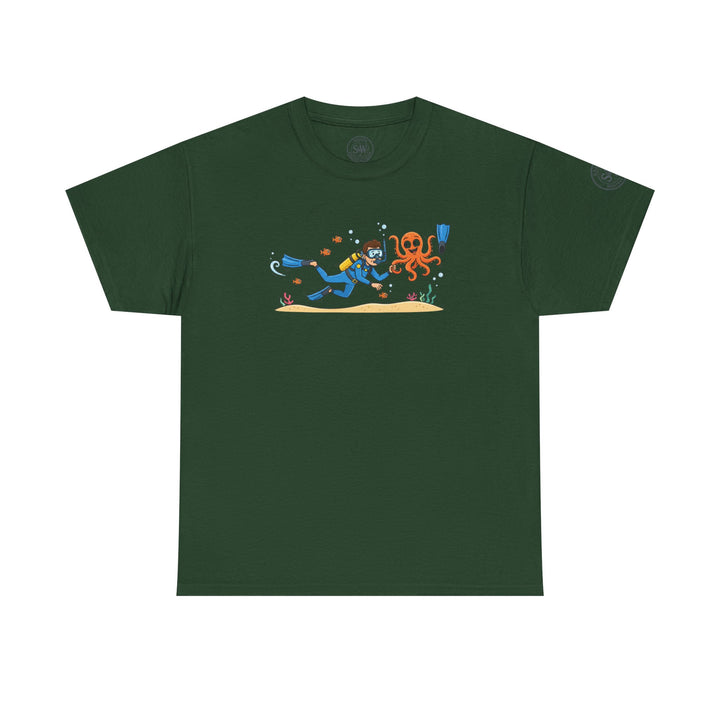 Green T-shirt by S&amp;W Gallus featuring a cartoon scuba diver encountering an octopus.