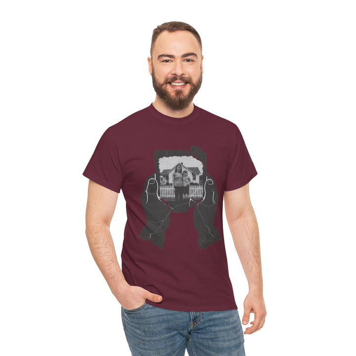 Maroon T-shirt by S&amp;W Gallus featuring a black and white home picture and black cracked hands on the front.
