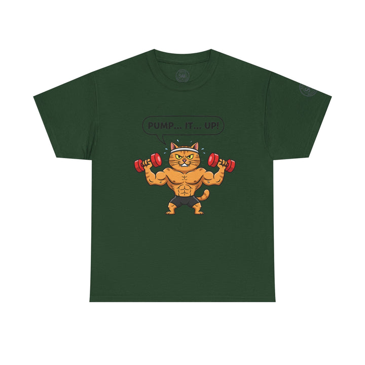 Forest green t-shirt by S&amp;W Gallus, featuring a cartoon cat lifting weights with a "Pump it up!" speech bubble.