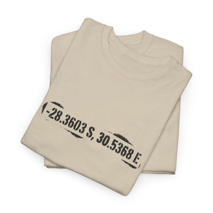 Rorke’s Drift T-Shirt featuring historic battle coordinates. Honor the 1879 Anglo-Zulu War with precise latitude &amp; longitude design.