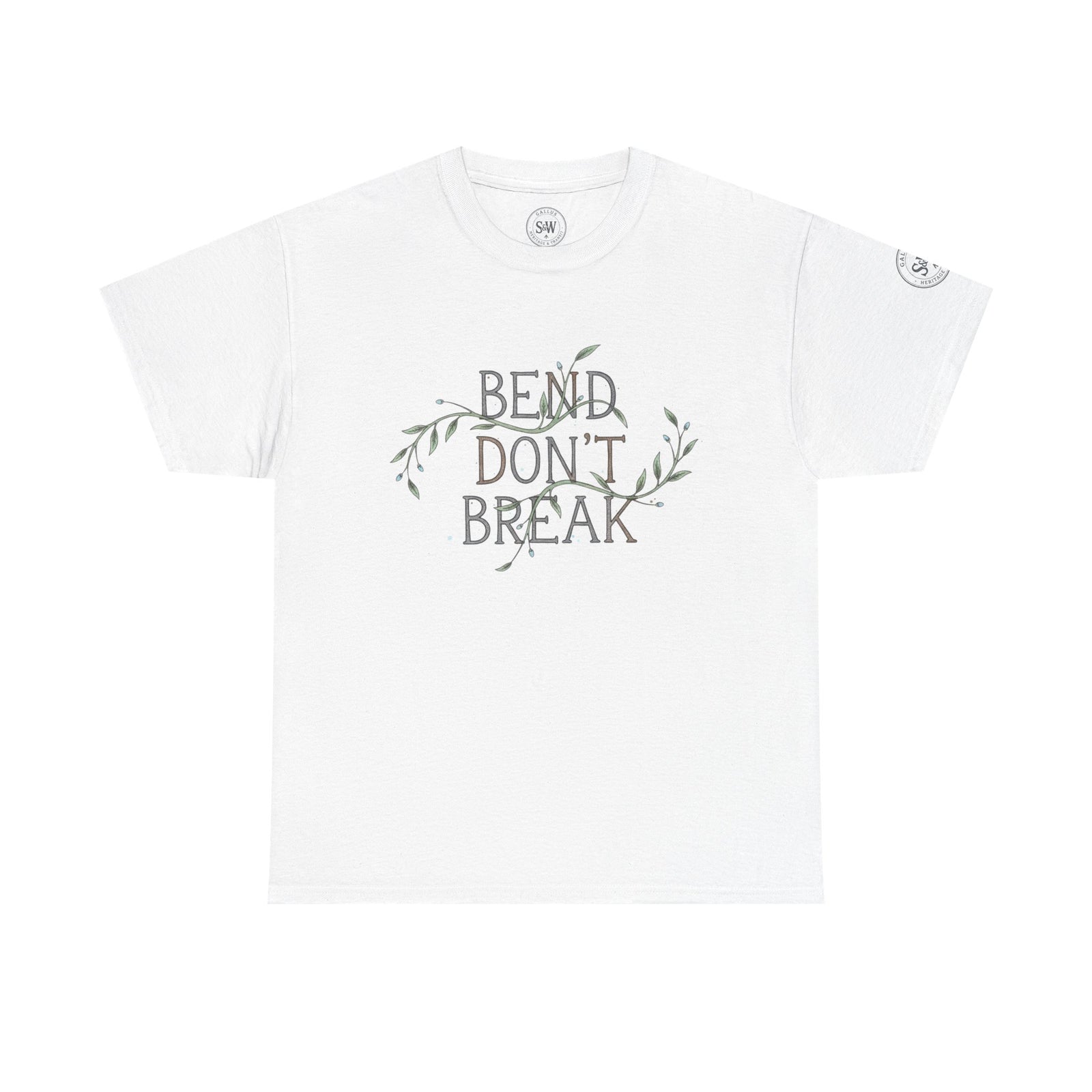 White t-shirt by S&W Gallus with "Bend Don't Break" graphic, surrounded by delicate green leaf sprigs.