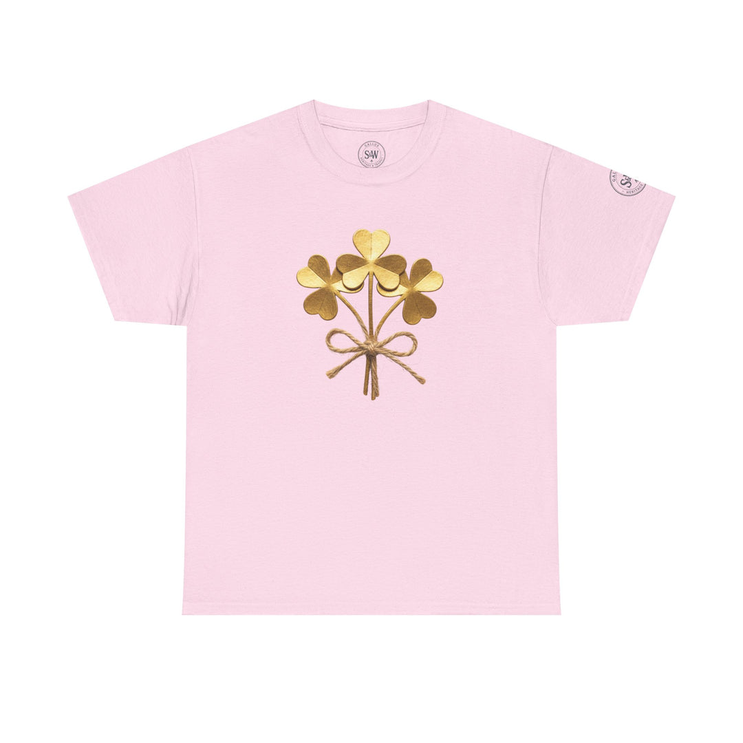 Pink t-shirt by S&amp;W Gallus featuring a graphic of three gold shamrocks tied with a brown string.
