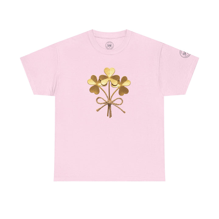 Pink t-shirt by S&amp;W Gallus featuring a graphic of three gold shamrocks tied with a brown string.