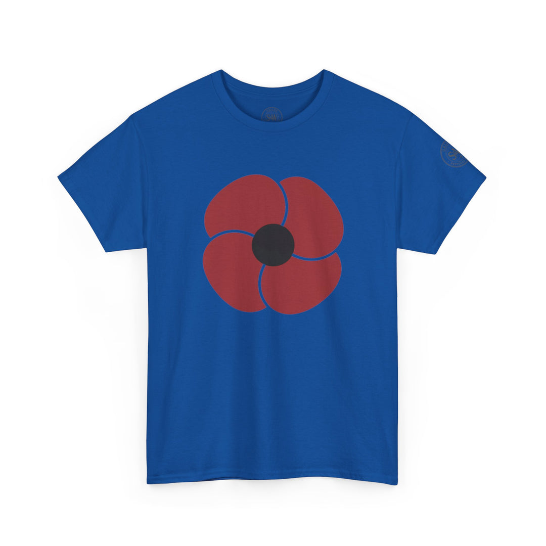 Blue t-shirt with poppy graphic by S&amp;W Gallus, displayed on a white background.