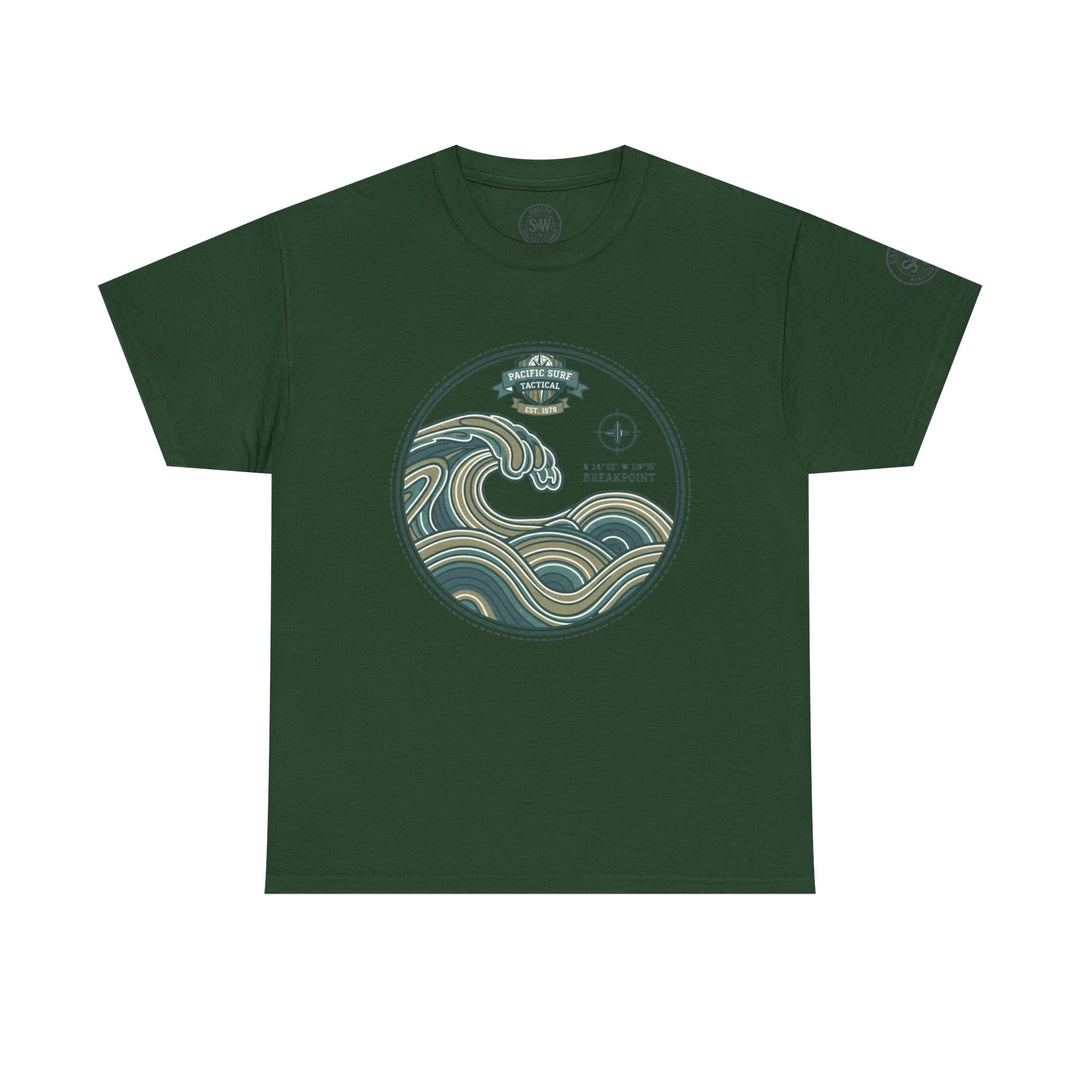Forest green t-shirt by S&amp;W Gallus featuring a stylized wave crest graphic with nautical coordinates.
