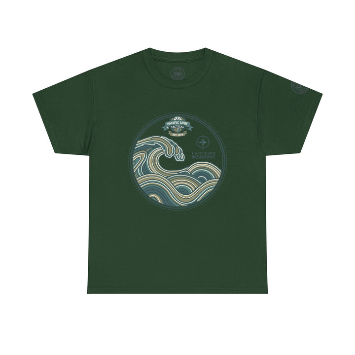 Forest green t-shirt by S&amp;W Gallus featuring a stylized wave crest graphic with nautical coordinates.
