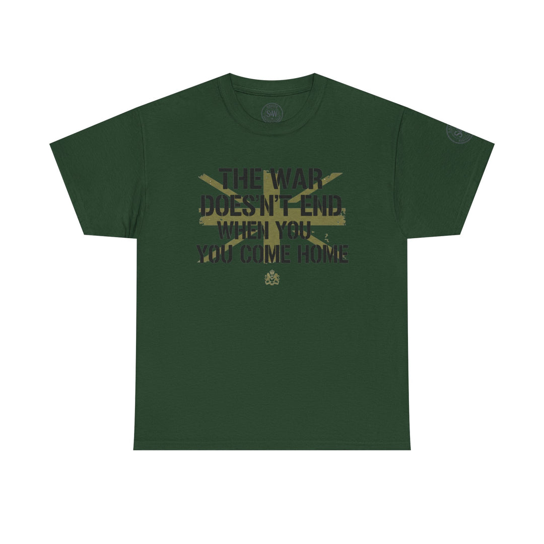 Forest green t-shirt by S&amp;W Gallus with a blocky war-themed text design and a round collar.
