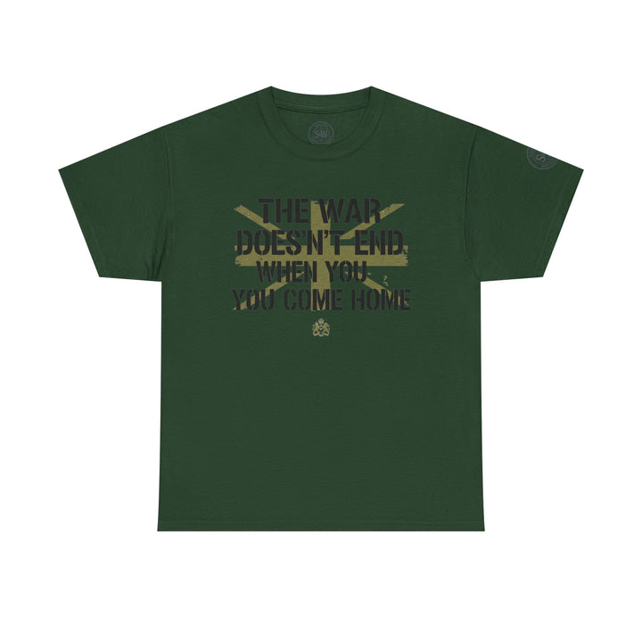 Forest green t-shirt by S&amp;W Gallus with a blocky war-themed text design and a round collar.