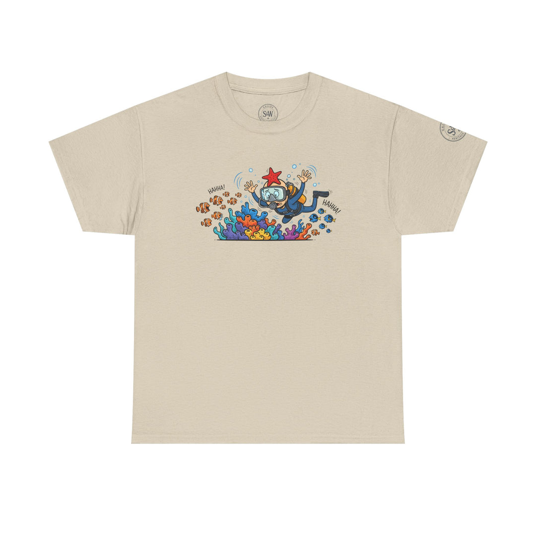 Sand-colored t-shirt by S&amp;W Gallus featuring a cartoon scuba diver and coral reef design.