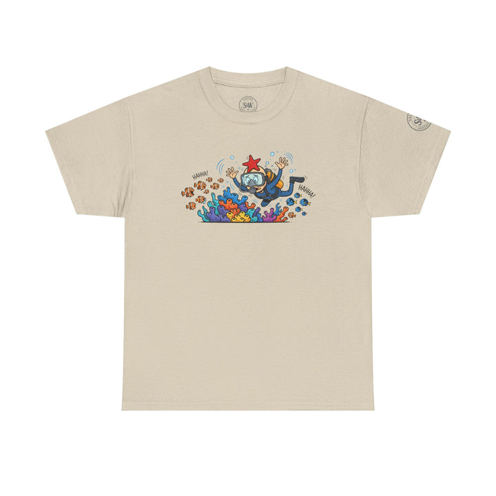 Sand-colored t-shirt by S&amp;W Gallus featuring a cartoon scuba diver and coral reef design.