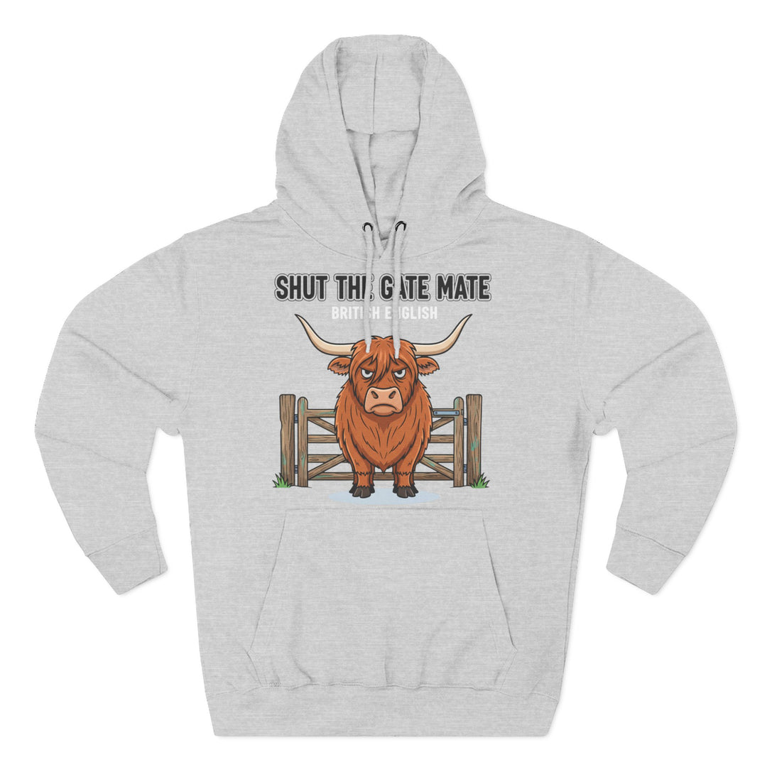 Gray hoodie by S&amp;W Gallus, featuring a cartoon Highland cow and "Shut The Gate Mate" text design.