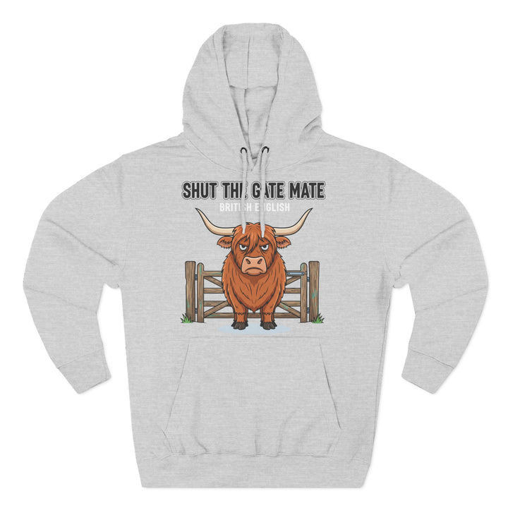 Gray hoodie by S&amp;W Gallus, featuring a cartoon Highland cow and "Shut The Gate Mate" text design.