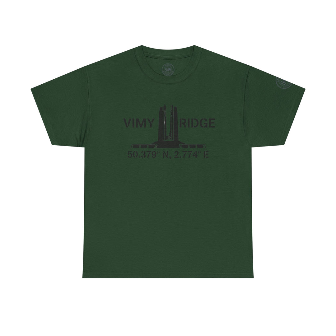 Green t-shirt by S&amp;W Gallus with a Vimy Ridge graphic and location coordinates.