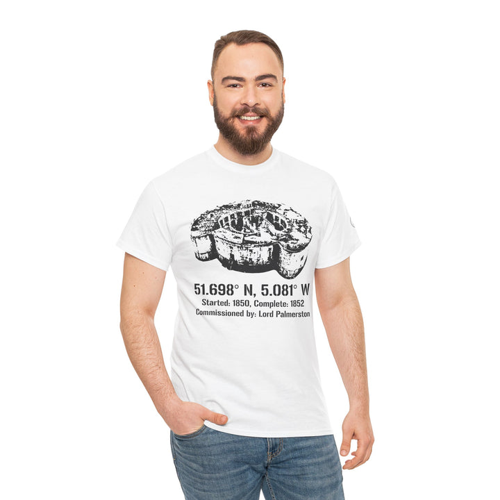 White Stack Rock Fort T-shirt from S&amp;W Gallus, featuring a fort image and coordinates with historical details. The model is wearing jeans.