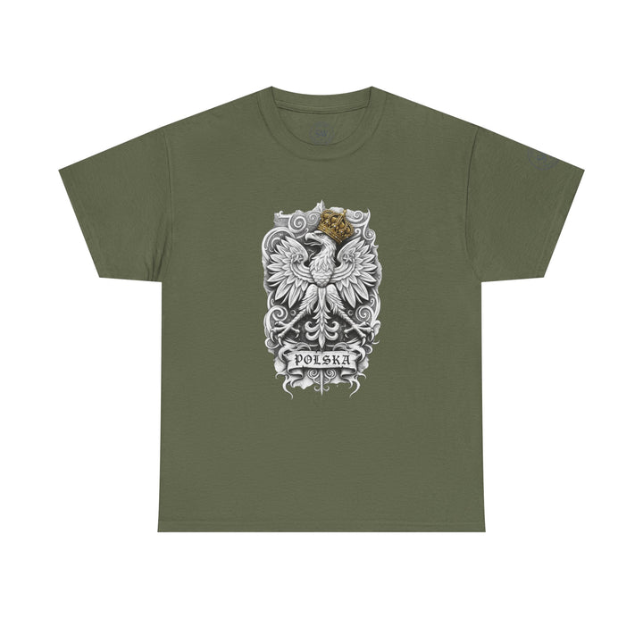 Olive drab t-shirt by S&amp;W Gallus with a Polish white eagle crest and "Polska" banner.