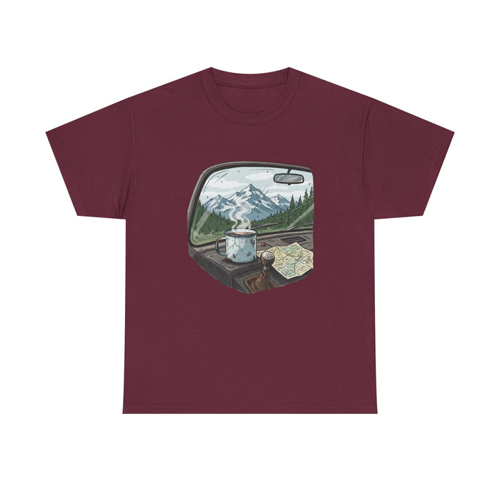 Van Roadtrip View T-Shirt featuring a scenic travel-inspired design. Soft cotton comfort perfect for van life, road trips, and outdoor adventures.