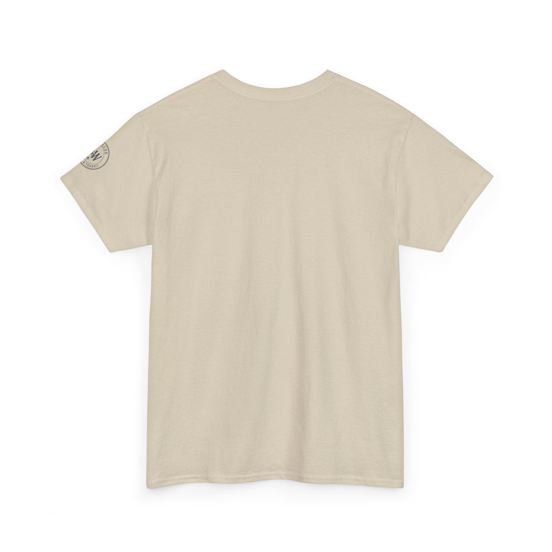 Sand-colored Surf Trip Gear T-Shirt by S&amp;W Gallus, showing a logo on the sleeve.