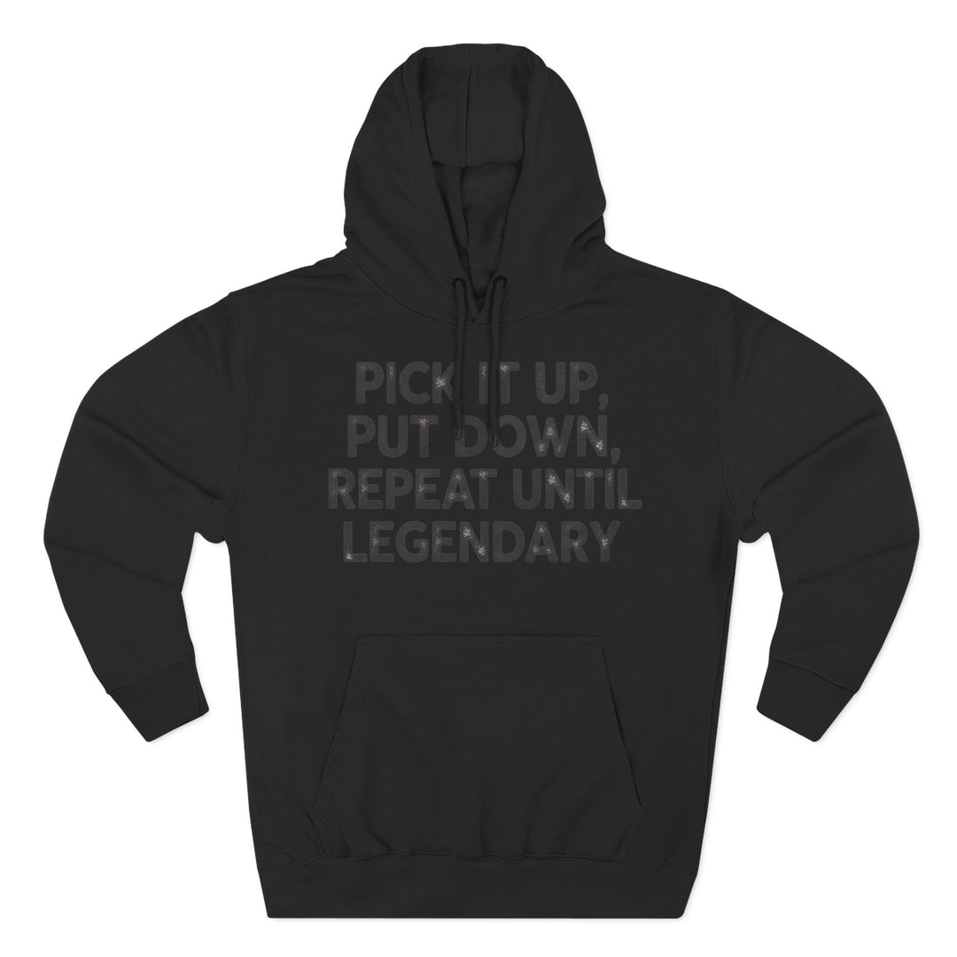 Black hoodie by S&amp;W Gallus with printed text on the chest and a drawstring hood.