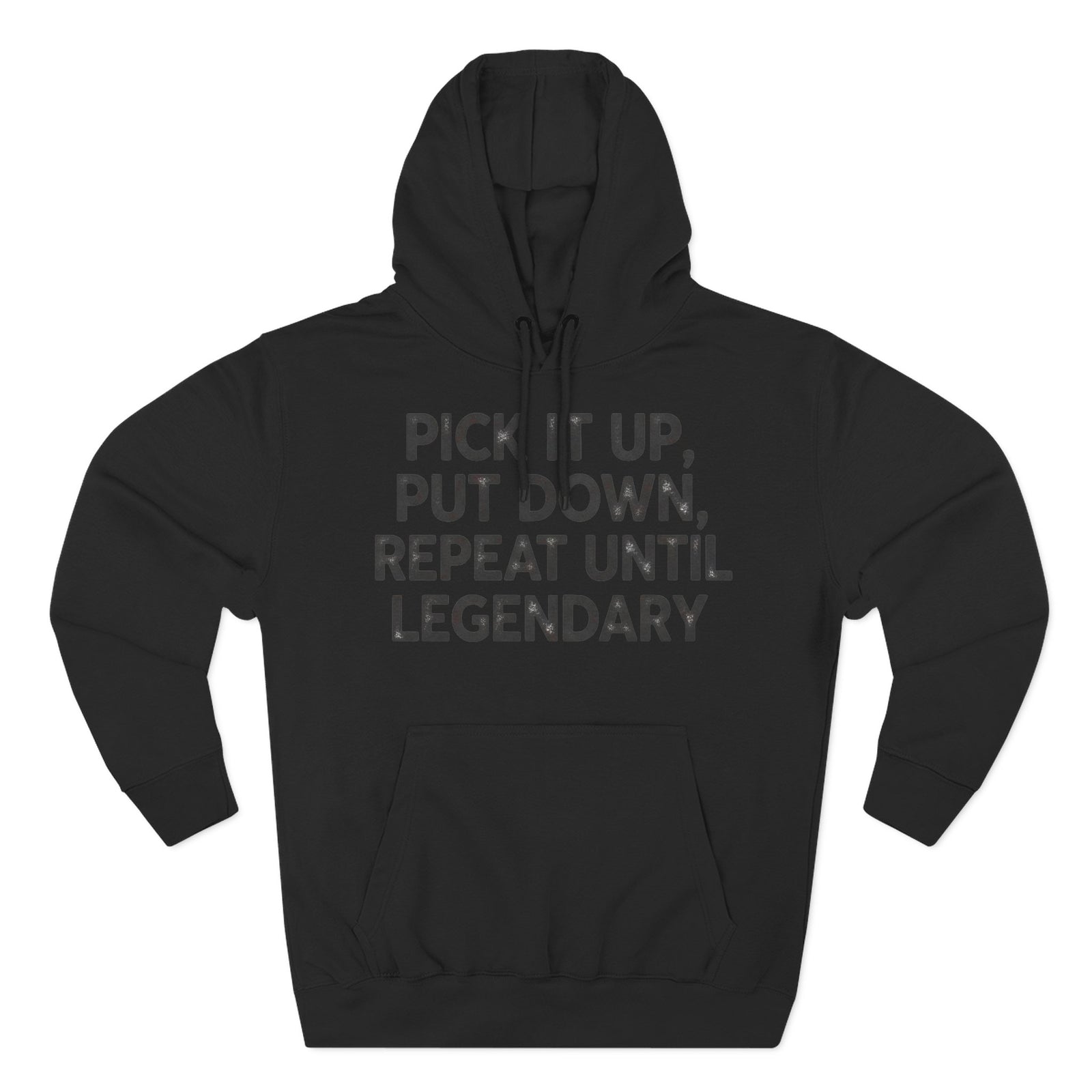 Black hoodie by S&W Gallus with printed text on the chest and a drawstring hood.