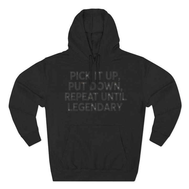 Black hoodie by S&amp;W Gallus with printed text on the chest and a drawstring hood.