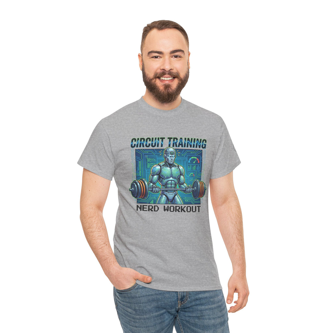 Gray graphic t-shirt by Veteran owned, featuring a circuit training design, worn with jeans.