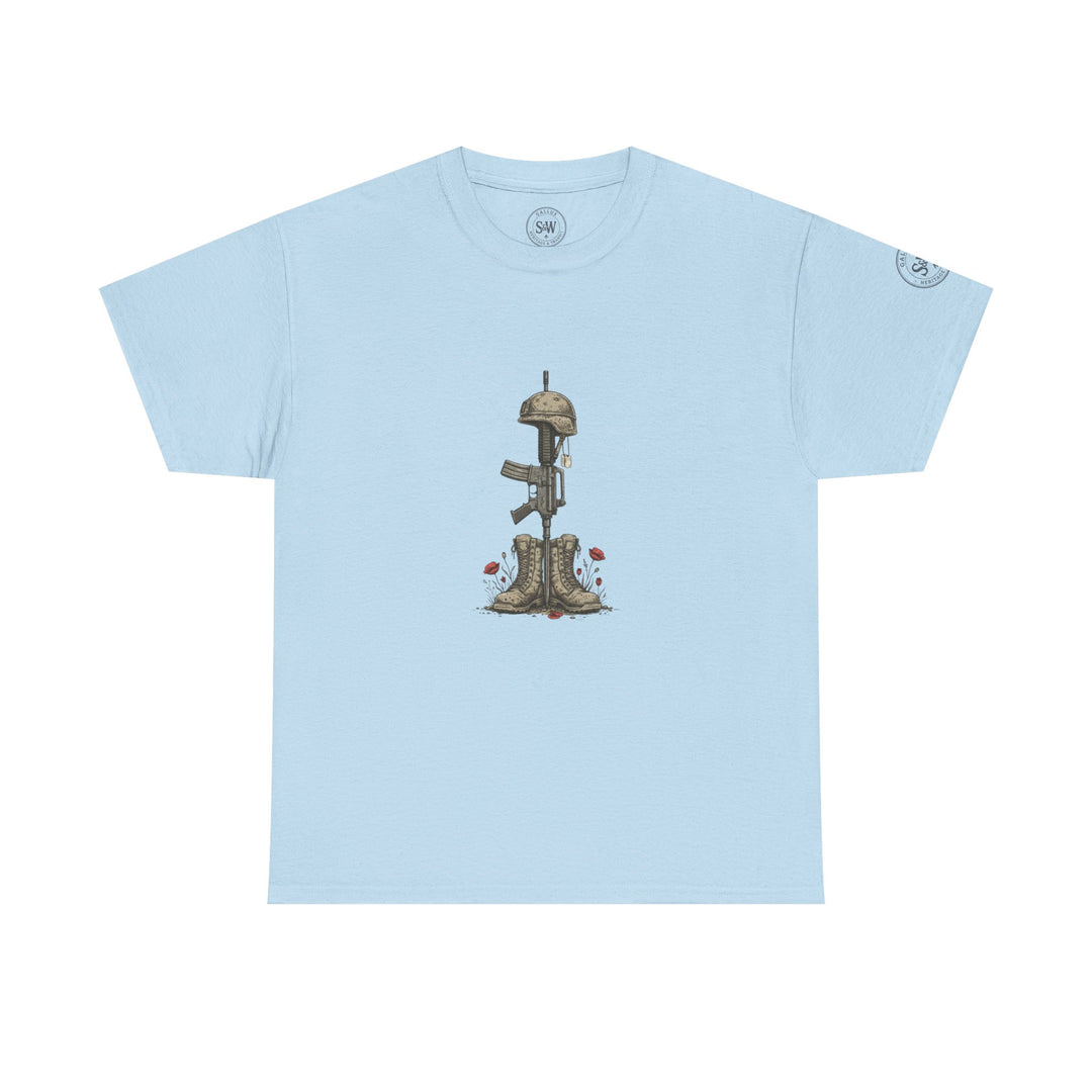 Light blue t-shirt by S&amp;W Gallus with a military tribute graphic on the front.