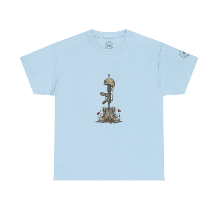 Light blue t-shirt by S&amp;W Gallus with a military tribute graphic on the front.