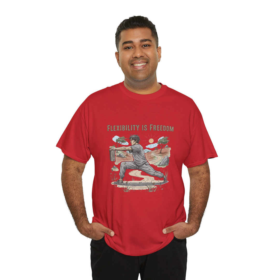 Flexibility Is Freedom Tee – soft, breathable cotton featuring a motivational design. Perfect for yoga, Pilates, stretching, or casual active lifestyle wear.