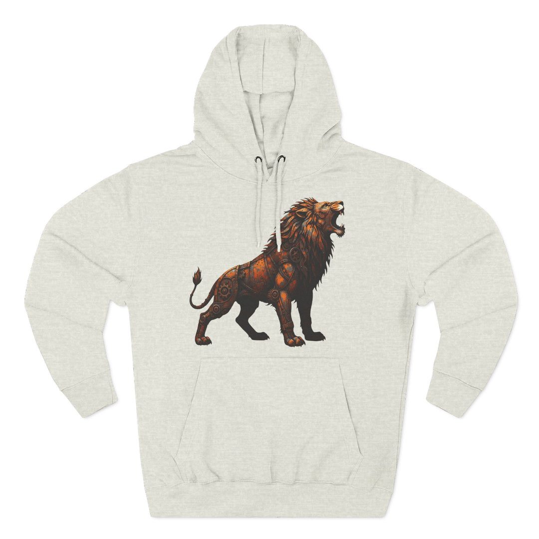Heather gray hoodie by S&amp;W Gallus, featuring a steampunk-style lion graphic and a front pouch pocket.