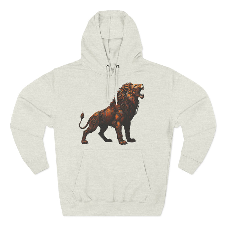 Heather gray hoodie by S&amp;W Gallus, featuring a steampunk-style lion graphic and a front pouch pocket.