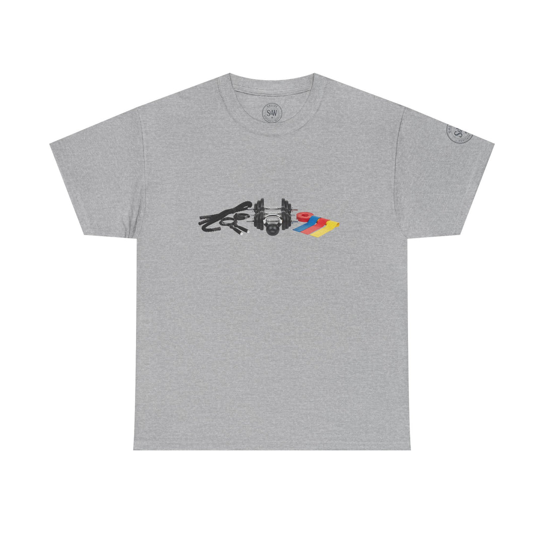 Gray t-shirt by S&amp;W Gallus with fitness equipment graphic on the front.
