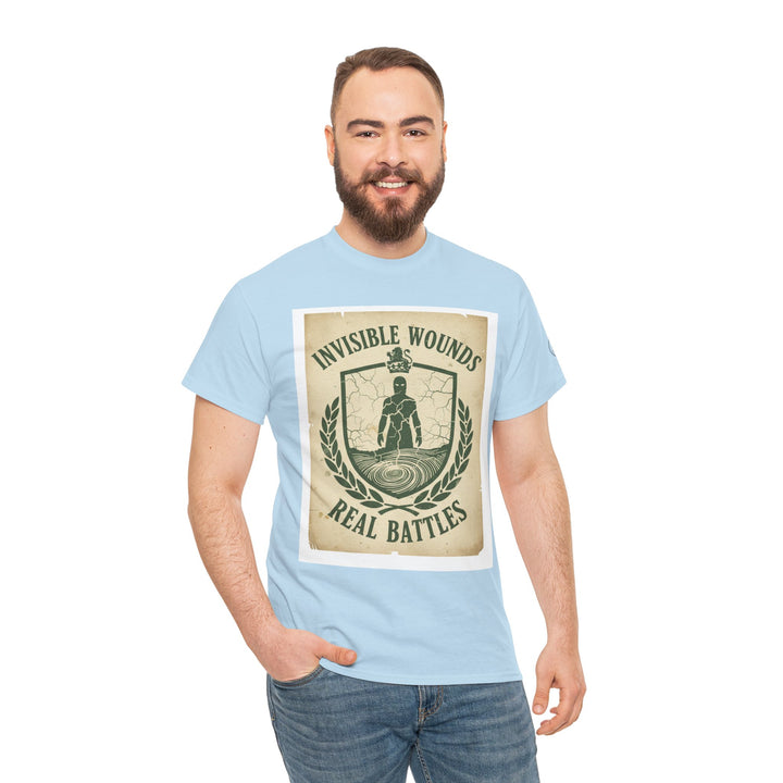 Light blue t-shirt by S&amp;W Gallus with an "Invisible Wounds Real Battles" graphic design.