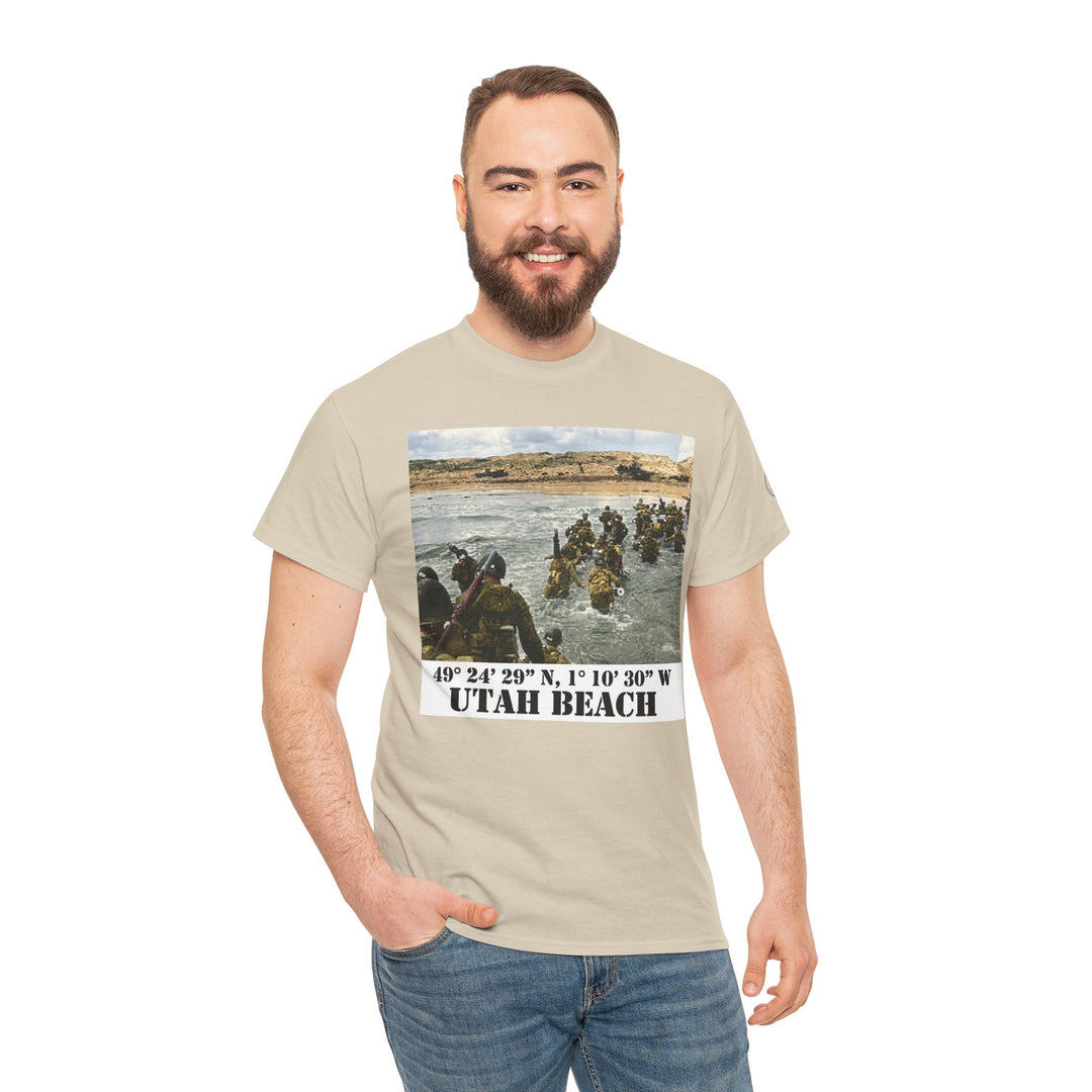 Sand-colored t-shirt by Veteran owned, featuring a vintage Utah Beach D-Day 1944 image, paired with blue jeans.
