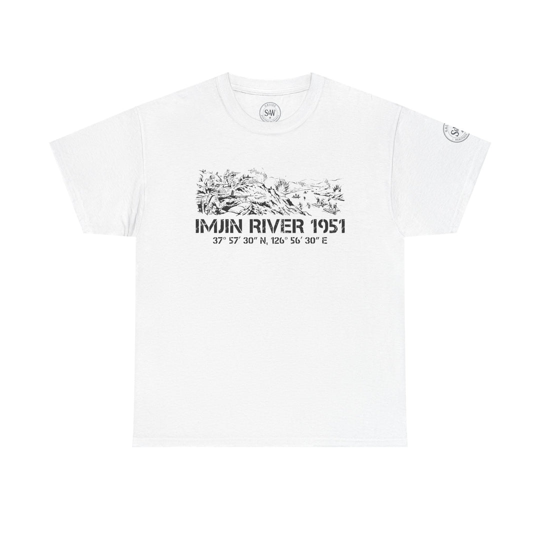 White Imjin River 1951 t-shirt by S&amp;W Gallus, displaying a graphic related to the Korean War.