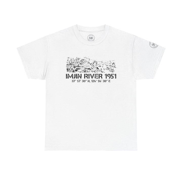 White Imjin River 1951 t-shirt by S&amp;W Gallus, displaying a graphic related to the Korean War.