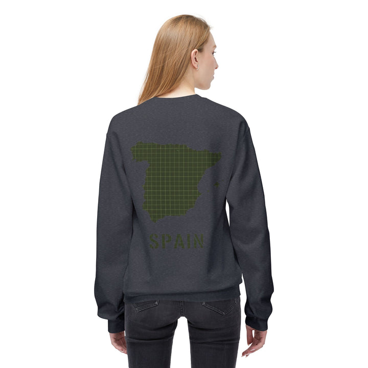Spain Map Crewneck Sweatshirt — Military Green Grid Spain Graphic