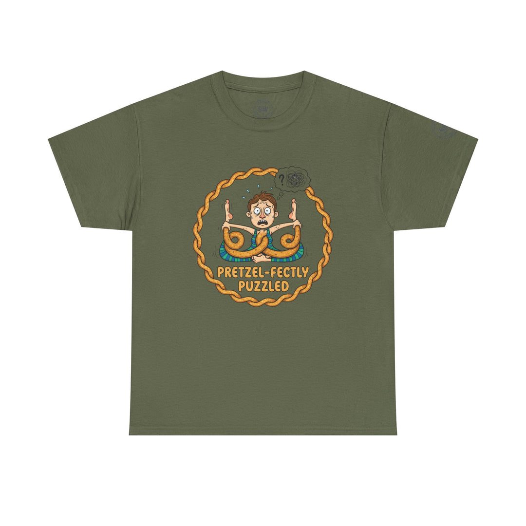 Olive green t-shirt by S&amp;W Gallus, featuring a pretzel-themed cartoon graphic on the front.