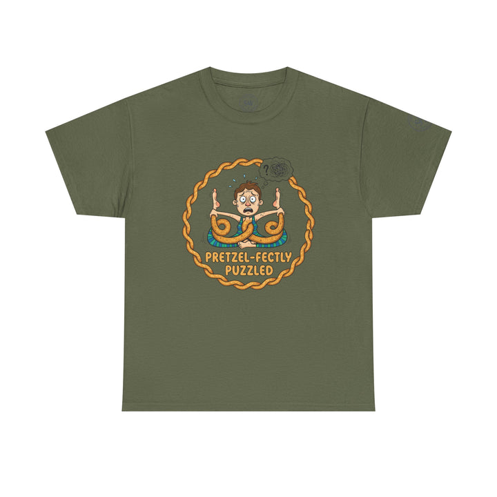 Olive green t-shirt by S&amp;W Gallus, featuring a pretzel-themed cartoon graphic on the front.