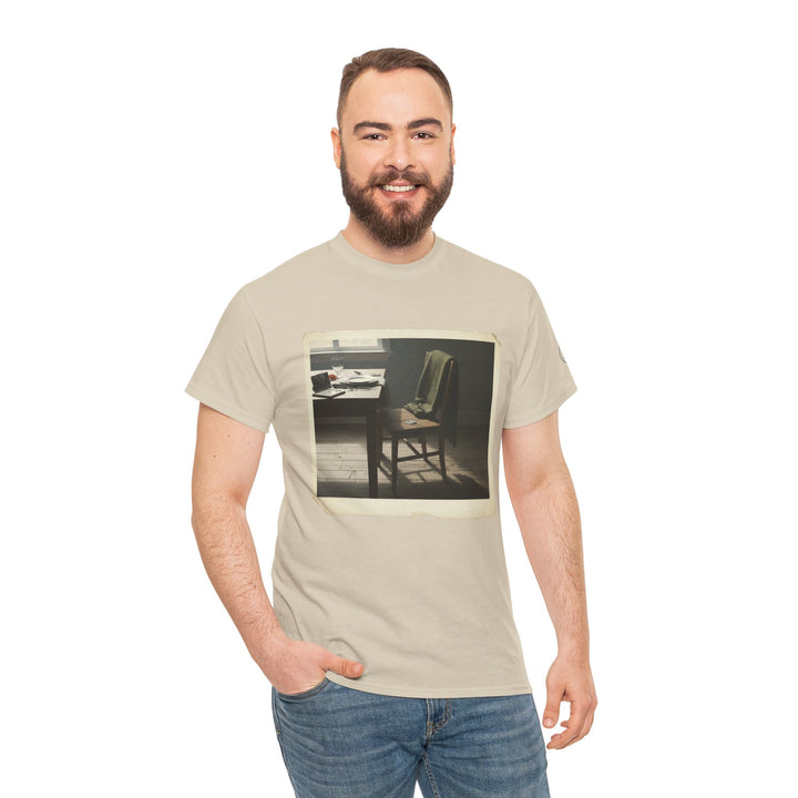 Beige T-shirt with empty study room image by S&amp;W Gallus, worn with blue jeans.