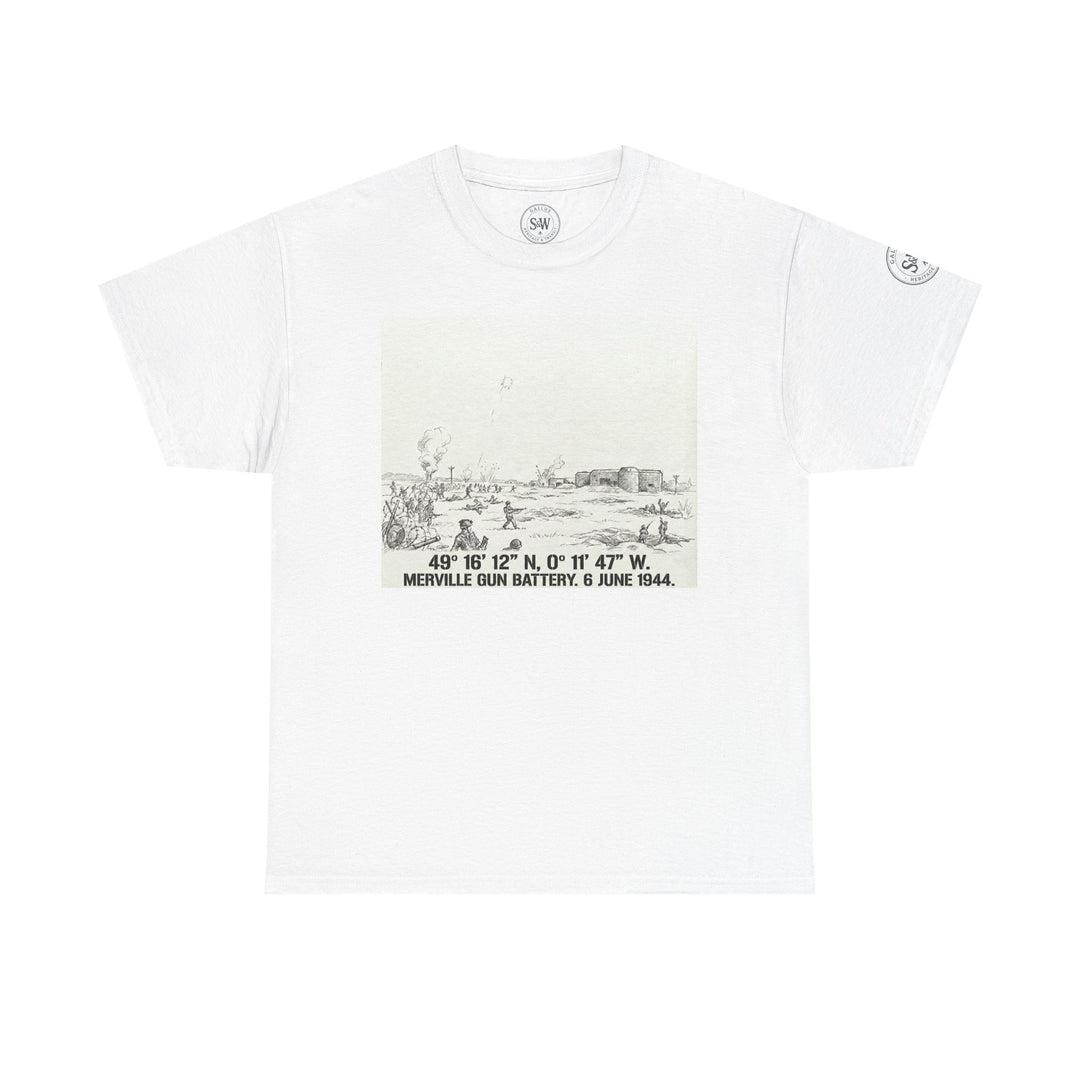 White graphic t-shirt by Veteran owned, featuring a black sketch of the Merville Gun Battery on the front.