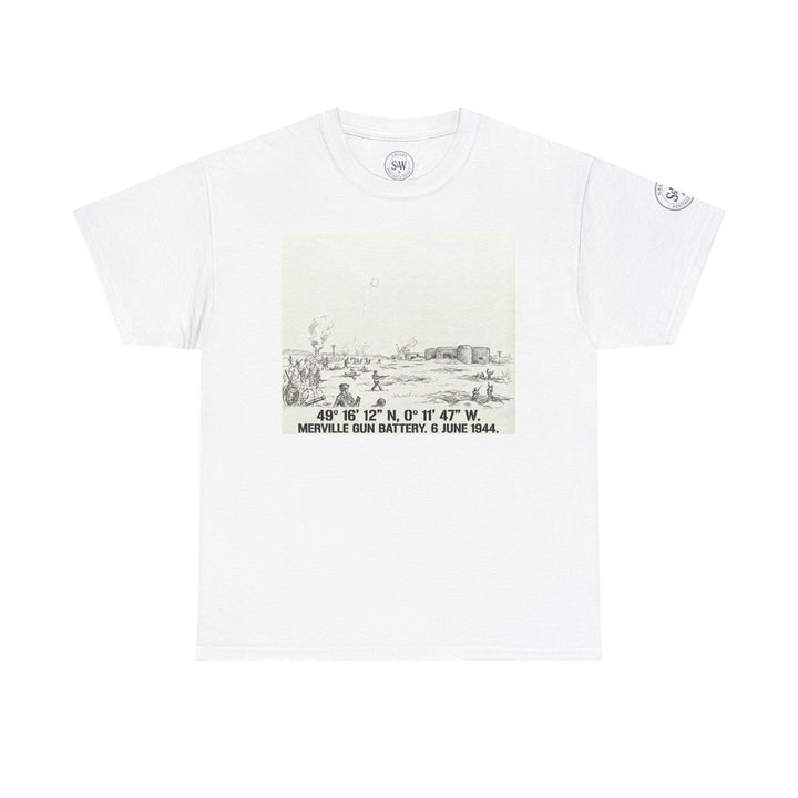 White graphic t-shirt by Veteran owned, featuring a black sketch of the Merville Gun Battery on the front.