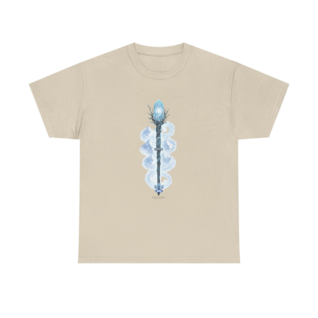 Beige t-shirt by S&amp;W Gallus featuring a decorative staff graphic on the front.