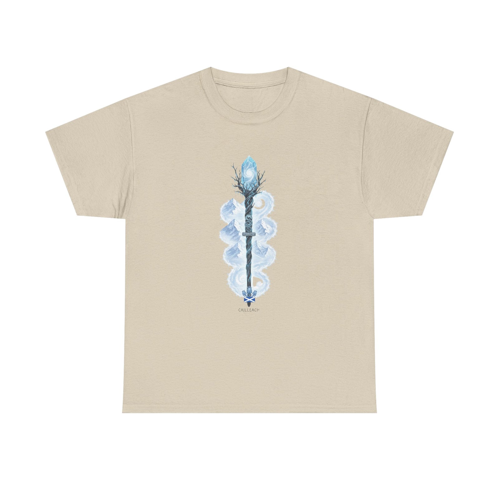 Beige t-shirt by S&W Gallus featuring a decorative staff graphic on the front.