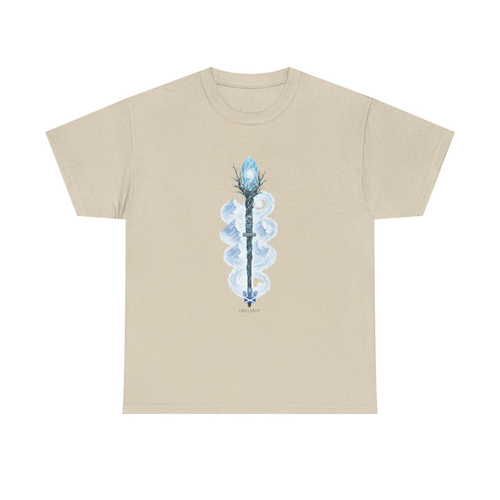 Beige t-shirt by S&amp;W Gallus featuring a decorative staff graphic on the front.