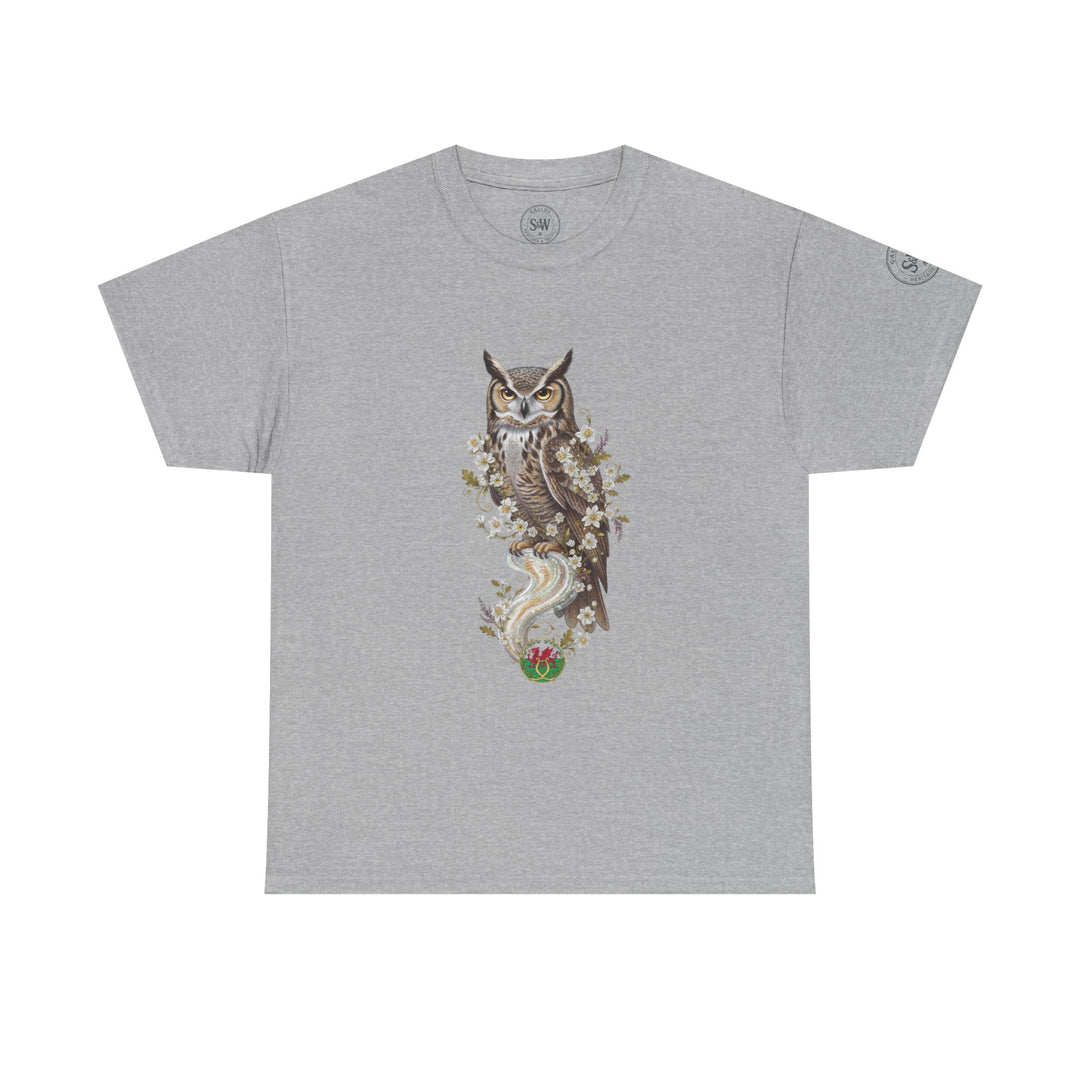 Gray t-shirt by S&amp;W Gallus, displaying an owl and floral design on the front.